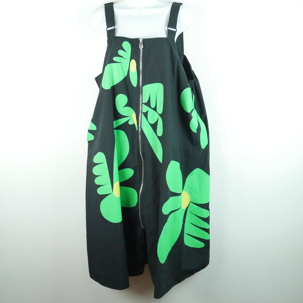 Fly Out Black Green Floral Zip Front Pinafore Midi Dress Lagenlook Artsy L XL‎